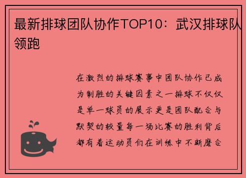 最新排球团队协作TOP10：武汉排球队领跑