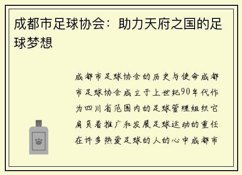 成都市足球协会：助力天府之国的足球梦想