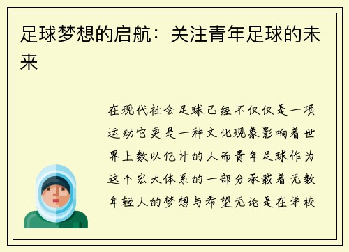 足球梦想的启航：关注青年足球的未来