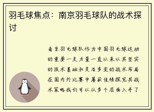羽毛球焦点:南京羽毛球队的战术探讨