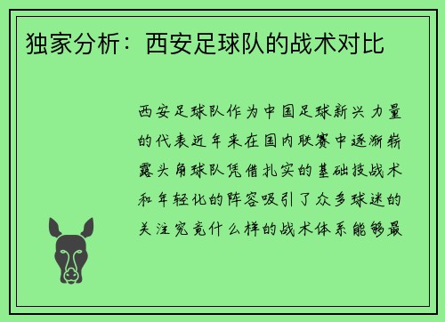 独家分析:西安足球队的战术对比